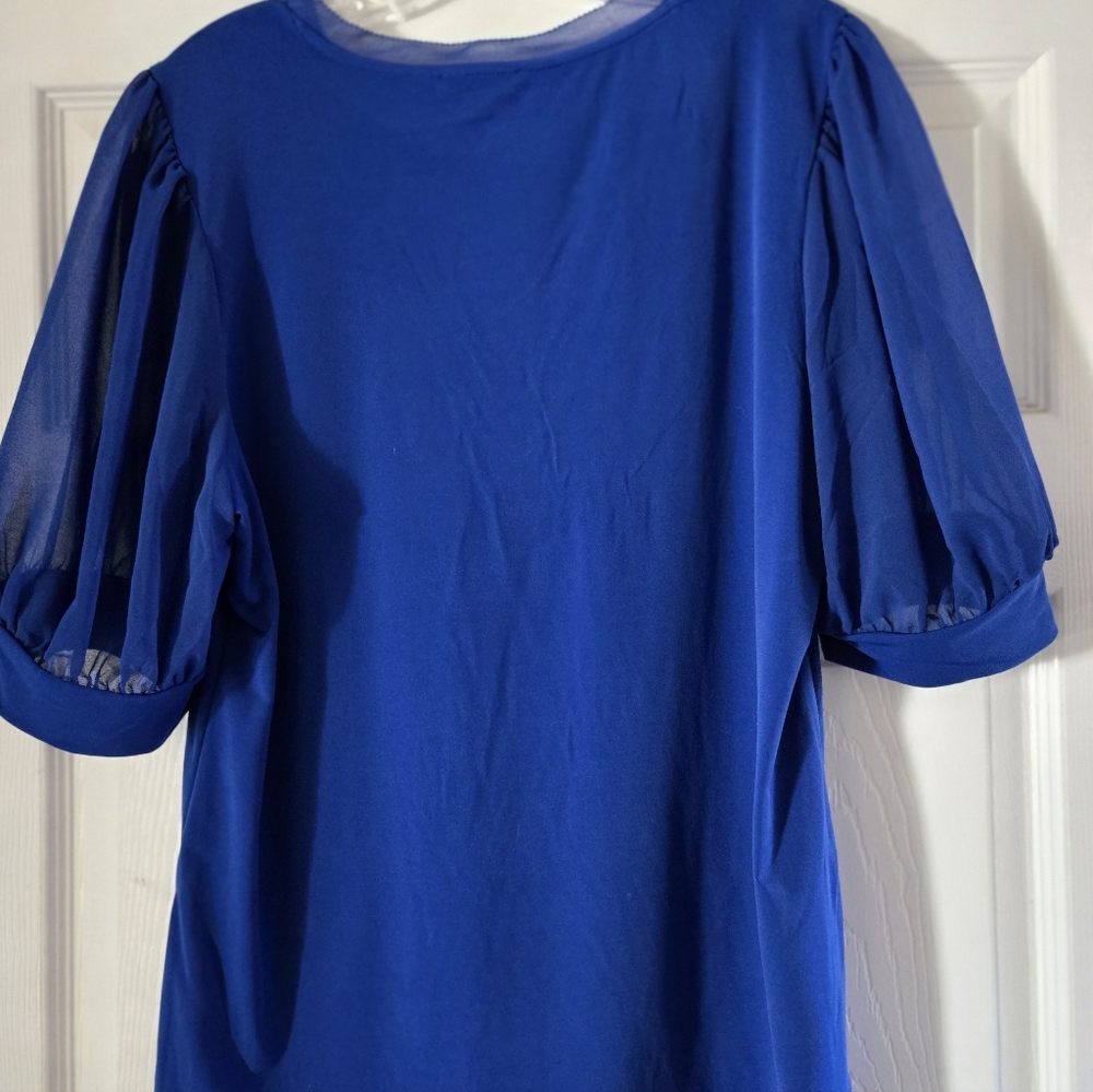Calvin Klein Royal Blue V-Neck Puff Sleeve Top - Picture 2 of 5